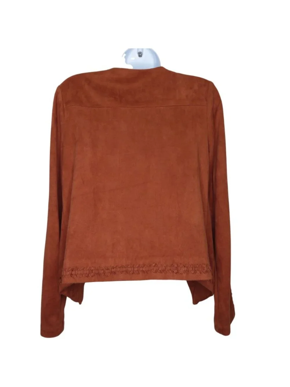 Gianni Bini Rust Faux Suede Open Front Jacket Intricate Braided Trim Long Sleeve